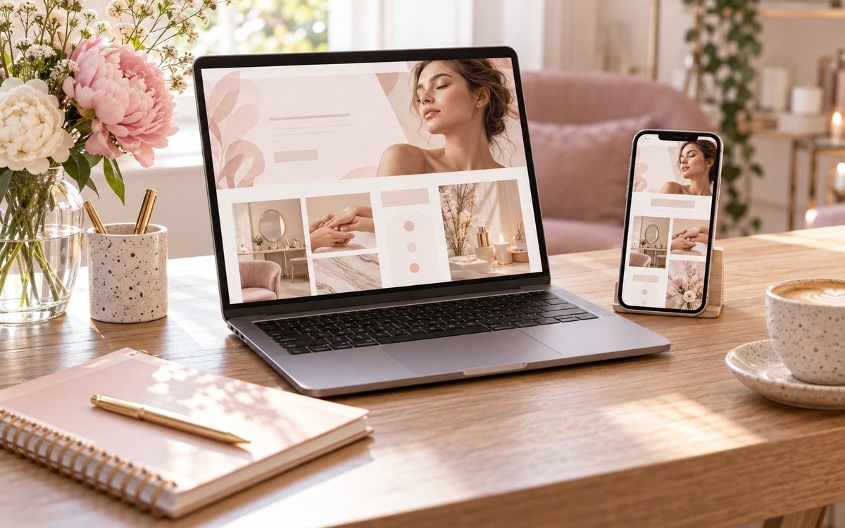 ノートPCとスマートフォンに表示された美容サロンのホームページ