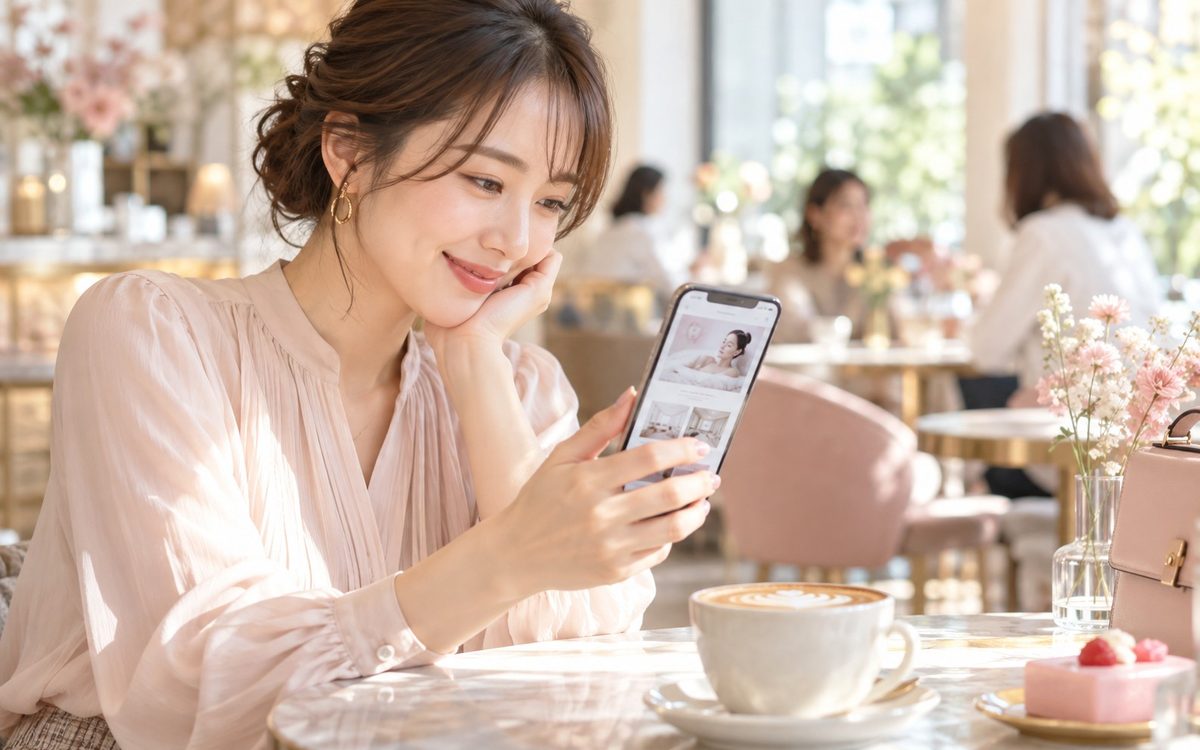 カフェでスマートフォンからサロンのサイトを見る女性