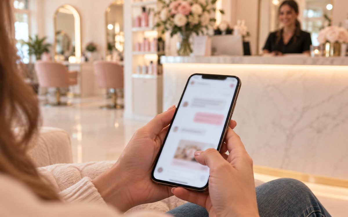 サロンの待合でスマートフォンのトーク画面を見る手元