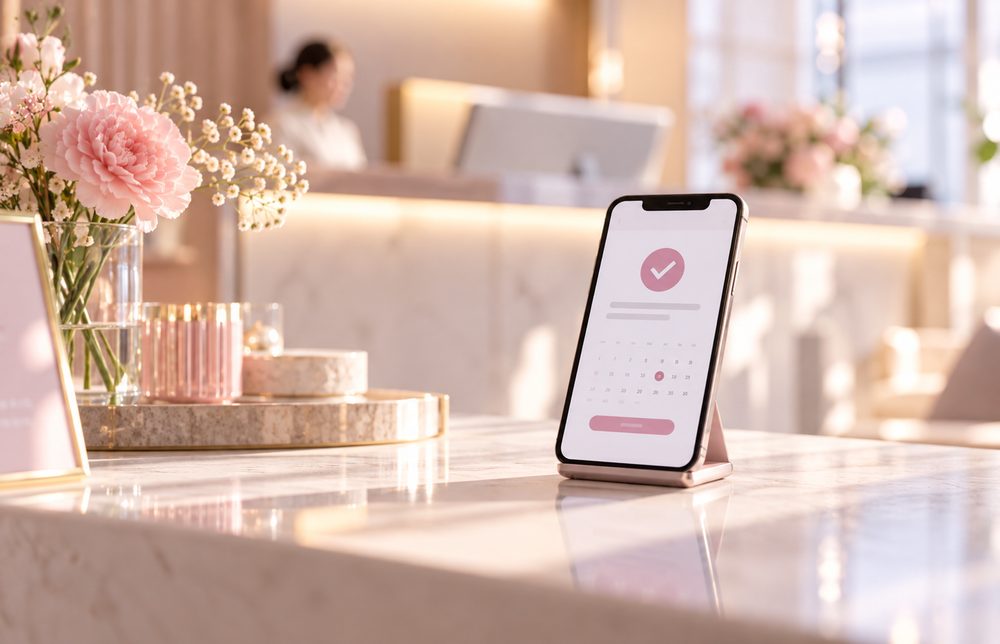 サロン受付に置かれた予約完了画面のスマートフォン