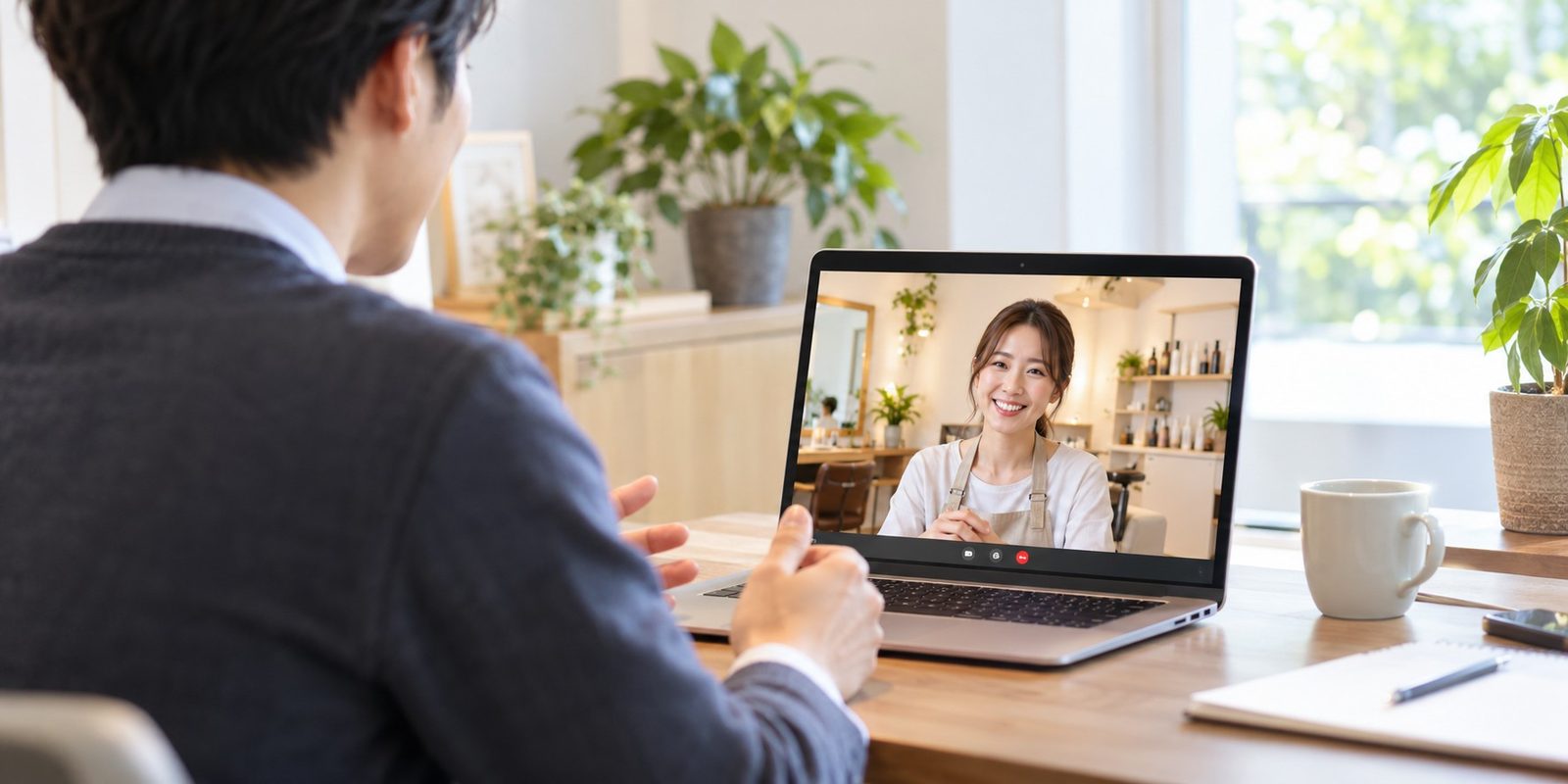 ノートPCでサロンオーナーとオンライン打ち合わせをする様子